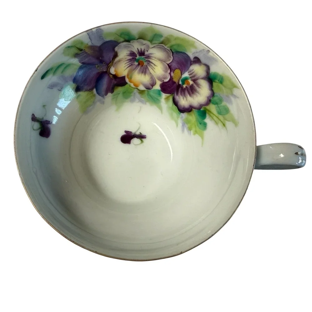 Princess China Occupied Japan Tripod Footed Teacup Saucer Hand Painted Pansy